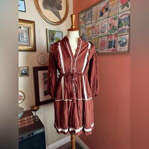 Bohme Ruffled Two Tone Trim Bohemian Button Down Long Sleeve Dress